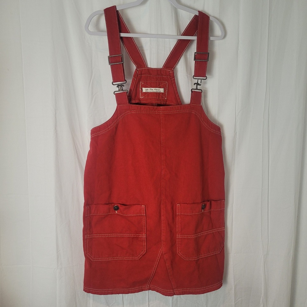 We The Free People Red Denim Mini Smock Overall Dress Medium M Contrast Stitch